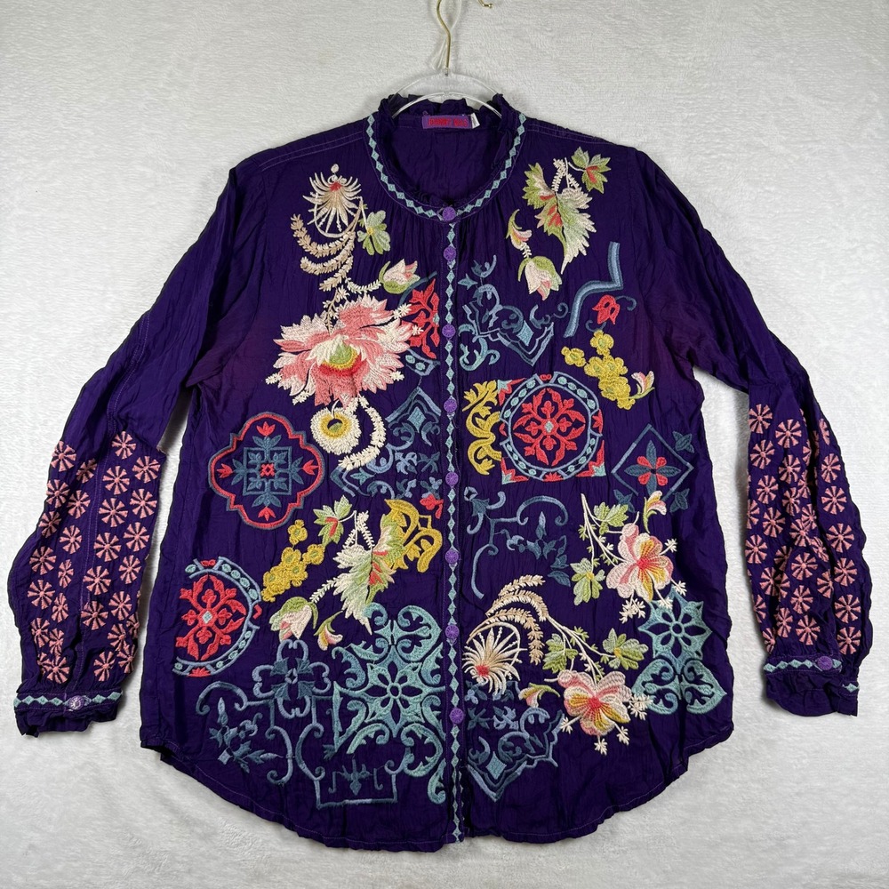 Johnny Was Purple Embroidered Cupra Rayon Button Down Blouse Medium Floral Boho